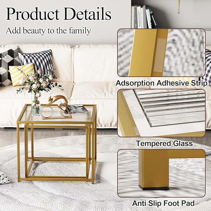 Garden 4 you Coffee Table Set of 2, Modern Patterned Glass Nesting Table, Metal Frame Square Center Table Set, Side Tables, Nesting Coffee Table for Living Room, Bedroom and Small Spaces, 23.6in Gold