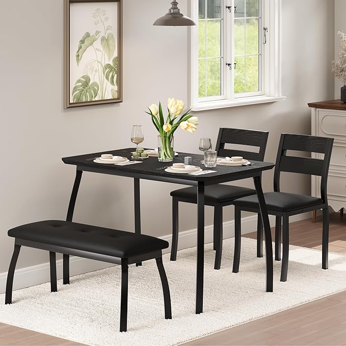 GAOMON Dining Table Set for 4, Wooden Kitchen Table with Upholstered Bench & 2 Cushion Chairs, Space-Saving Dinette Set for Studio, Kitchen, Dining Room, Apartment(43''x28''x30''), Black