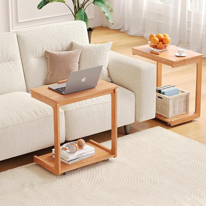 CozyDH Adjustable C Shaped End Table, Rolling Side Table Solid Wood TV Sofa Tray Table for Couch Arm Eating Multi-Purpose, Small Coffee Table with Wheels Living Room Bedroom, Cherry