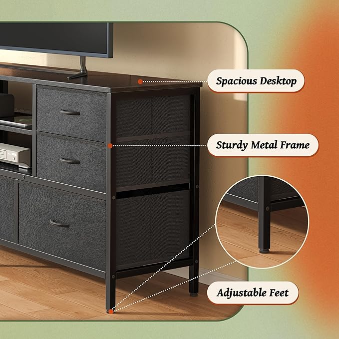 Huuger TV Stand Dresser with Power Outlets and LED Lights, 7 Drawer Console for 55 Inch TV, Black PU Leather Bedroom Dresser