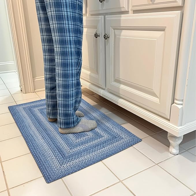 Denim Blue Small Braided Rugs, 2x3' Rectangle - Handmade with Jute, Coastal Country Decor, Perfect for Laundry Rooms, Bathrooms and Entryways - Durable and Easy to Clean