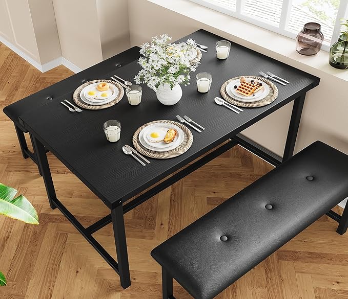 Dining Table Set for 4, Kitchen Table with 2 Upholstered Benches, 3-Piece Dining Room Set for Kitchen, Apartment and Small Spaces, Black