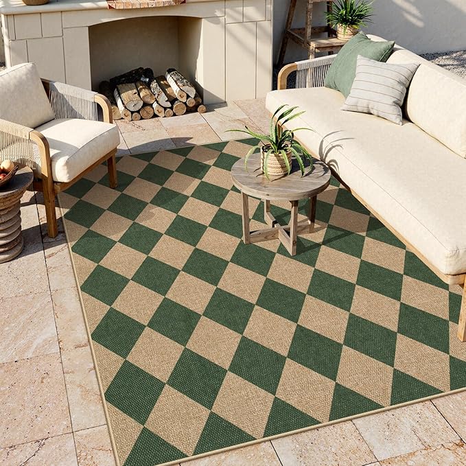 Lahome Checkered Outdoor Rug 5x7, Washable Rug for Living Room Office Indoor Outdoor Carpet, Farmhouse Non Slip Non Shedding Green Carpet for Dining Room Sunroom Patio Courtyard