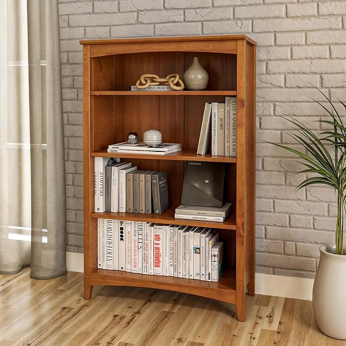 Shaker Style 4 Shelf Bookcase / Solid Wood / 48" High / Adjustable Shelving / Closed Back / Display Bookshelf for Living Room, Bedroom, Home and Office, Cherry