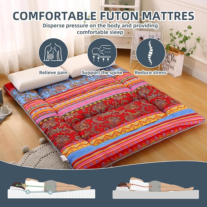 Bohemian Retro Japanese Floor Mattress, Vintage Floral Tatami Floor Mat, Portable Roll up Futon Mattress for Guest,Tavel (E,Full 80" X 47")