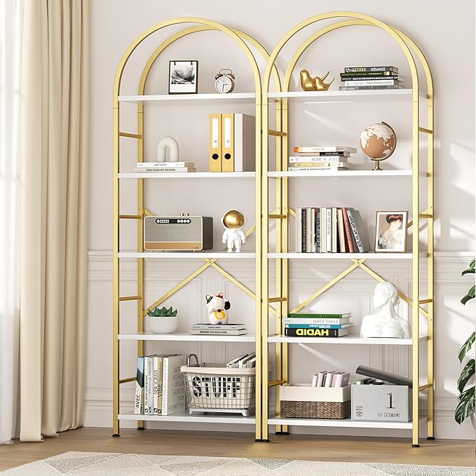 Shintenchi Bookshelf, Arched Bookshelf 5 Tier Bookcase Shelf for CDs/Books, Home Office Bookcase Shelf Storage Organizer, Modern Book Shelf for Bedroom/Living Room, Gold