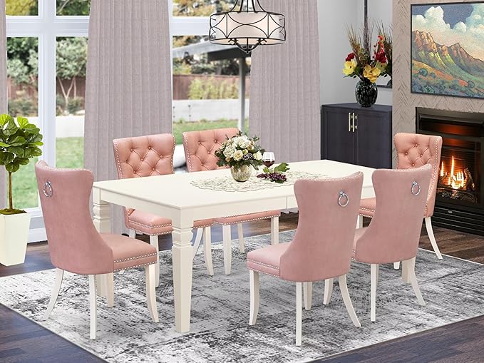 East West Furniture LGDA7-LWH-23 7 Piece Dining Set Includes a Rectangle Dining Table with Butterfly Leaf and 6 Polyester Fabric Upholstered Chairs, linen white