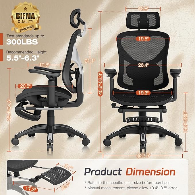 Ergonomic Office Chair, Mesh Desk Chair with Footrest, 3D Armrest - 215° Rotation, Adjustable Lumbar Support & Headrest, 90°-120° Tilt Lock, Big and Tall Computer Gaming Chairs, Black