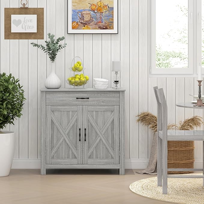 HOMCOM Farmhouse Sideboard Buffet Cabinet, Barn Door Coffee Bar Cabinet with Drawer and Adjustable Shelf, for Living Room, Entryway, Stone Gray