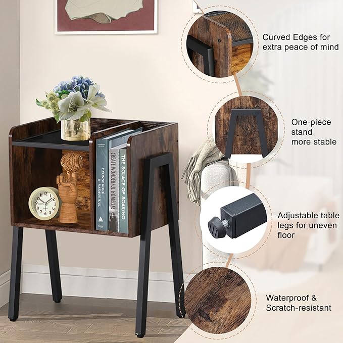 VECELO Nightstand Set of 2,Industrial End Table,Bedside Table with 2-Tier Open Storage Shelves,Wood Side Table with Metal Frame for Bedroom, Living Room,Small Spaces