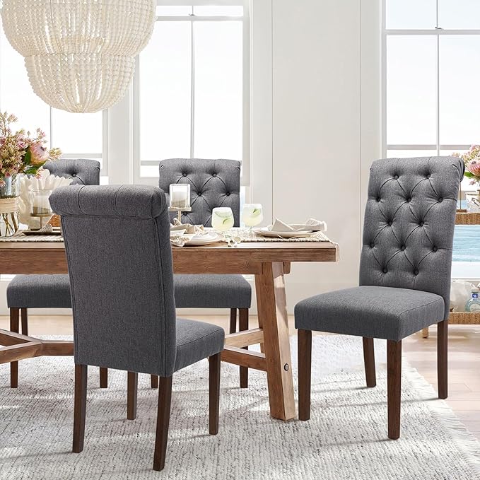COLAMY Tufted Dining Chairs Set of 6, Parsons Dining Room Chairs Upholstered Fabric Diner Chair Stylish Kitchen Chairs with Solid Wood Legs and Padded Seat - Grey