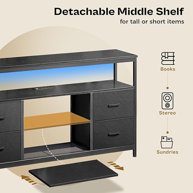 Huuger TV Stand Dresser with Power Outlets and LED Lights, 4 Drawers Entertainment Center with Shelf, 54 Inch Media Console for 55 60 Inch TV, 4 AC Outlets, 2 USBs, Dresser with PU Finish, Black