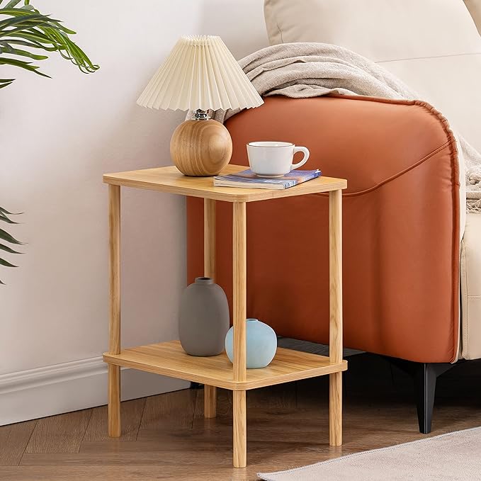 Apicizon 2 Tier End Table Set of 2, Small Side Table with Solid Wood Legs, Boho Bedside Table with Storage Shelf, Nightstand for Small Spaces, Bedroom, Living Room, Entryway, Easy Assembly, Natural