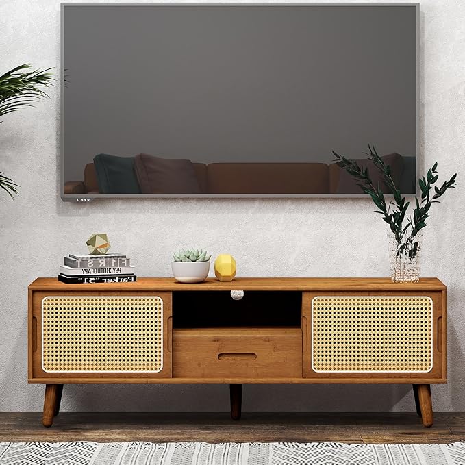 HollyHOME Bamboo TV Stand with Storage for TVs up to 65", Modern Entertainment Center with Rattan and Drawer, Accent TV Table with 2 Shelf, Media Console Cabinet for Living Room, Bedroom, Walnut
