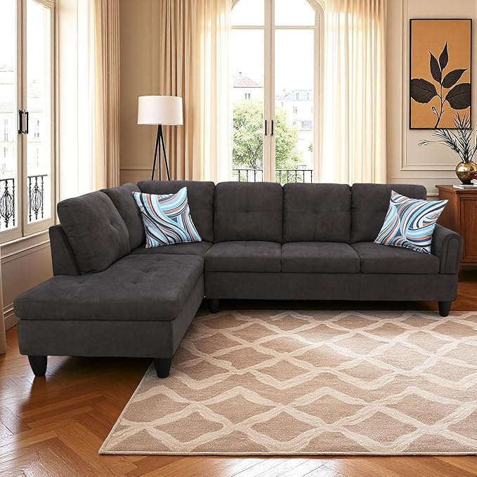 L Shaped Couch Sectional Couches with Chaise, Fluffy Fabric 3 Pieces Modular Convertible Sofa for Living Room Furniture Sets and Small Apartment, Dark Brown