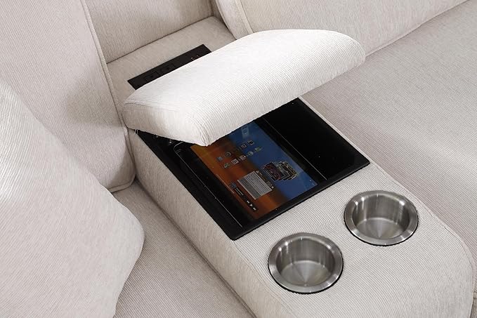 127" L-Shaped Sectional Couch with Movable Ottoman & 6 Throw Pillows,7 Seat Chenille Upholstered Sofa W/2 Cup Holder,USB Port & Hidden Storage Box,DIY Combination,for Living Room,Apartment,Beige