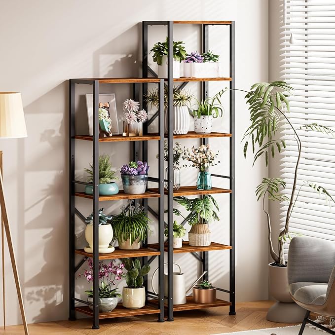 Furologee 5 Tier Tall Bookshelf, Rustic Narrow Bookcase, Display Standing Shelf Units, Metal and Wood Storage Shelves Organizer for Bedroom, Living Room, Home Office, Entryway, Kitchen, Rustic Brown