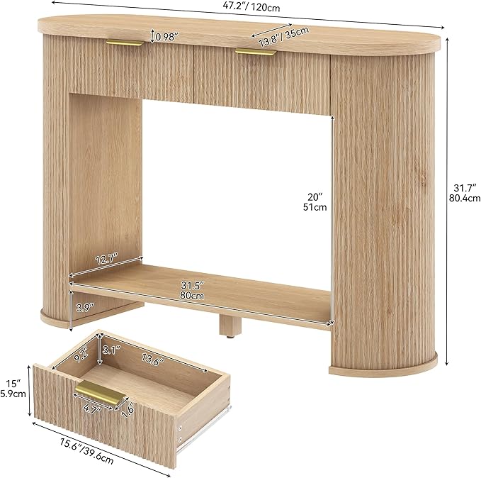 YITAHOME 47.2" Farmhouse Console Table for Entryway, Entry Hallway Foyer Table with 2 Drawers and Storage Shelf, Large Sofa Behind Couch Fluted Oval Desk for Hallway Living Room, Oak Color