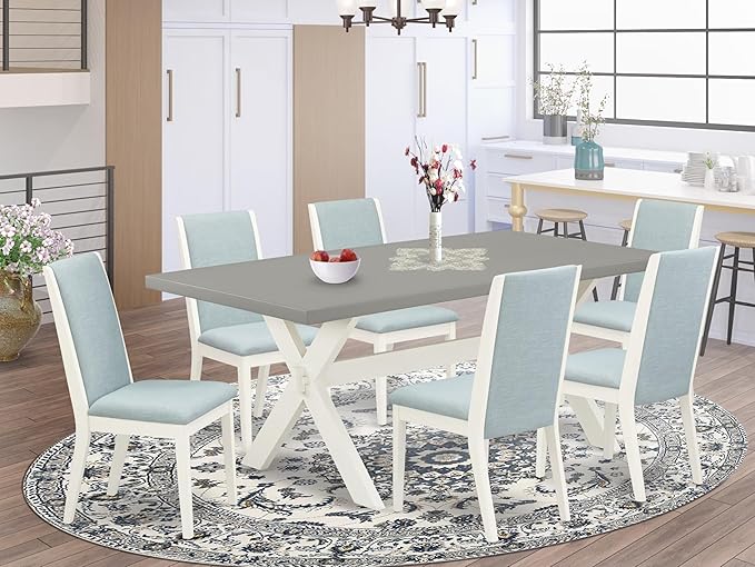 East West Furniture X097LA015-7 7 Piece Modern Dining Table Set Consist of a Rectangle Wooden Table with X-Legs and 6 Baby Blue Linen Fabric Upholstered Chairs, 40x72 Inch, Multi-Color
