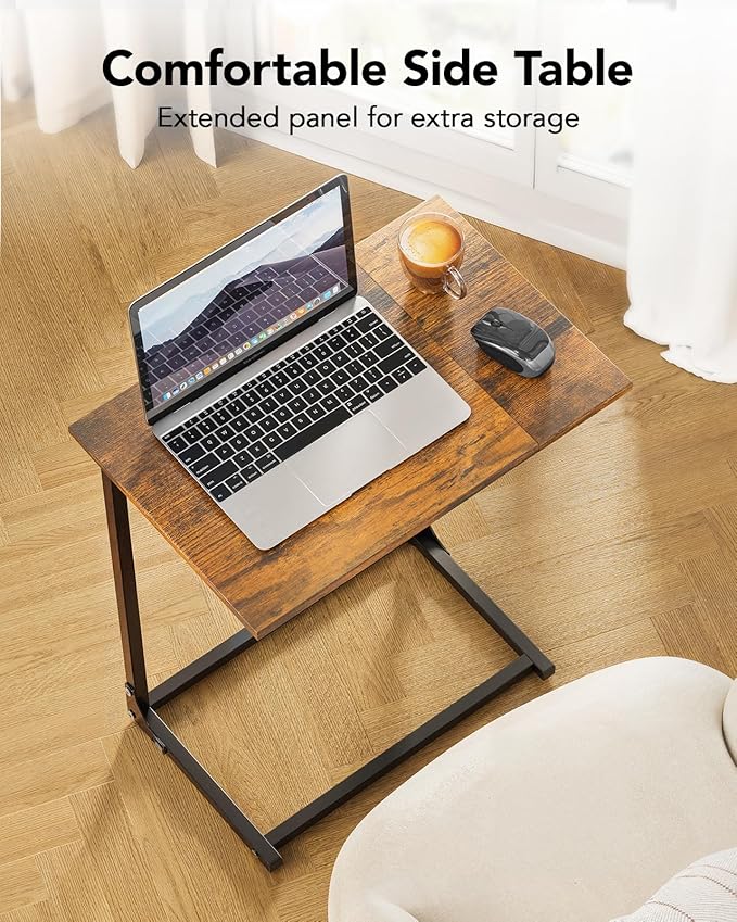 Pipishell C-Shaped Side Table, C-Table for Sofa, End Table with Metal Frame, Large Surface Couch Table for Living Room, Bedroom, and Home Office, Rustic Design, PIET11V