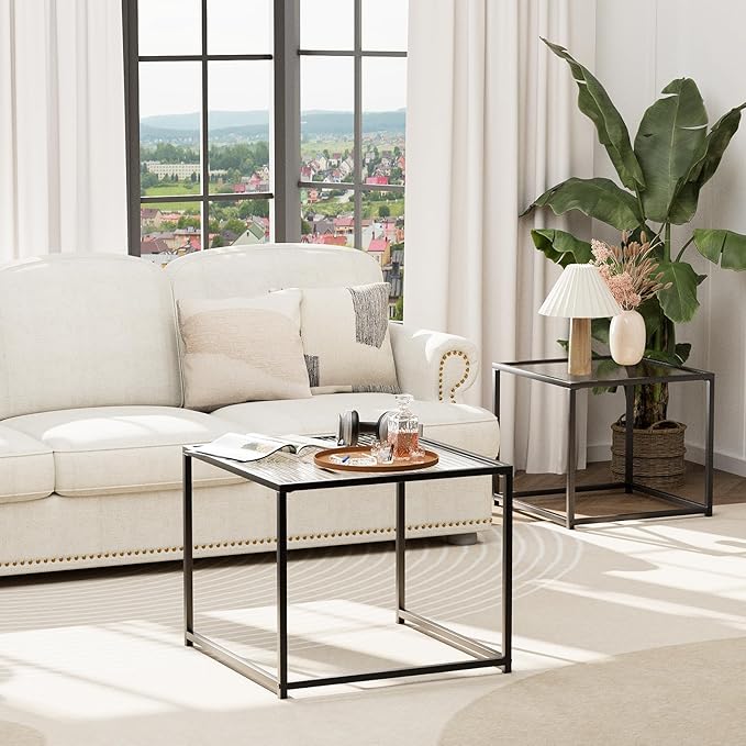 Garden 4 you Coffee Table Set of 2, Modern Patterned Glass Nesting Table, Metal Frame Square Center Table Set, Side Tables, Nesting Coffee Table for Living Room, Bedroom and Small Spaces, 23.6in Black