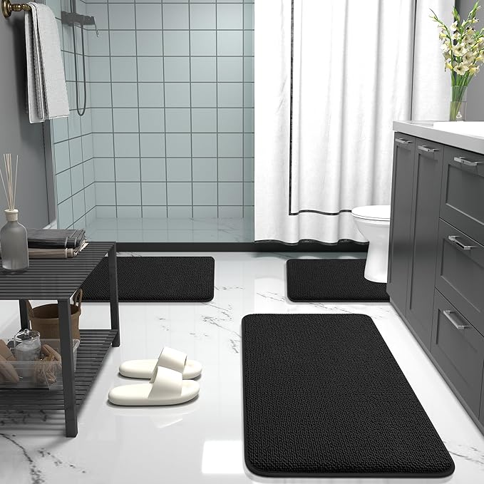 OLANLY Thick Memory Foam Bath Mat Rug 34x21, Extra Soft Absorbent Bathroom Rug, Quick Dry Bath Mats, Non-Slip, Machine Washable Carpet for Bathroom, Tub and Shower, Home Decor Accessories, Black