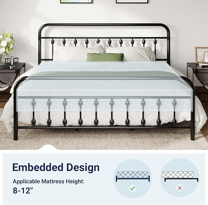 Allewie 14 Inches King Size Metal Platform Bed Frame with Victorian Style Iron-Art Headboard/Footboard, Mattress Foundation, Easy Assembly, Under Bed Storage, No Box Spring Required, Black