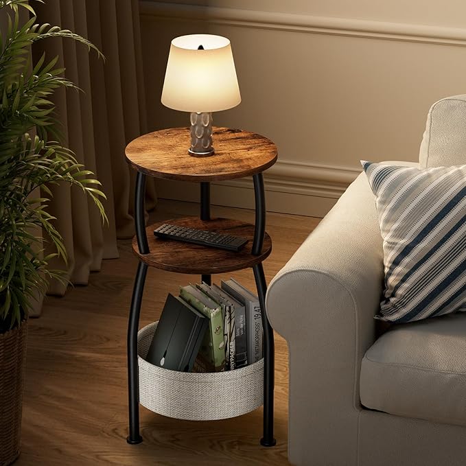 Round Side Table for Small Spaces with Storage Basket –Small End Table 3-Tier Night Stand Sofa Corner Table for Living Room, Bedroom, Patio and More 24in Tall Rustic Brown