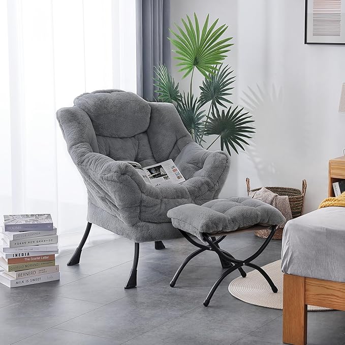 LITA Lazy Chair with Ottoman, Modern Accent Leisure Upholstered Sofa, Contemporary Lounge Reading Chair with Armrests and a Side Pocket for Living Room, Bedroom & Small Space, Plush Grey