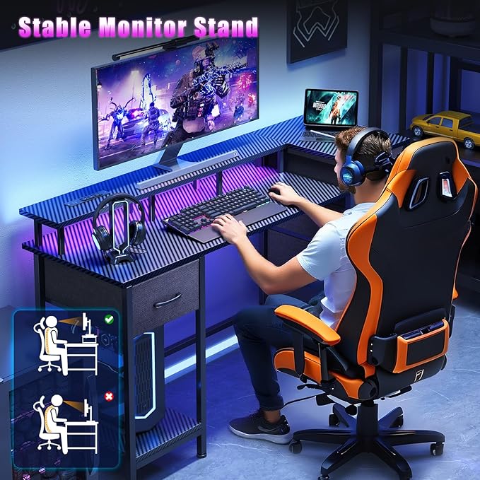 55 Inch Computer Gaming Desk with Power Outlets LED Lights, Reversible Home Office with Adjustable Fabric Storage Drawers for Working Writing Study,Carbon Fiber Black