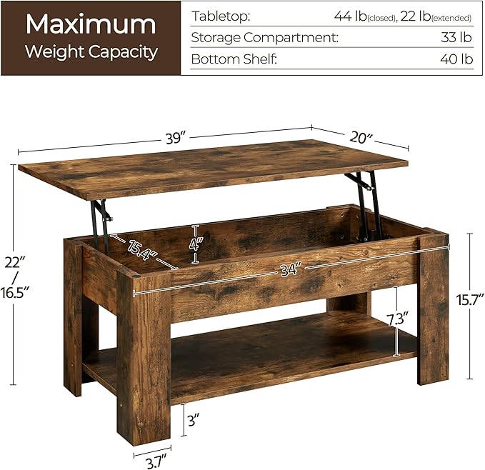 Yaheetech Vintage Coffee Table, Lift Top Coffee Table with Large Hidden Storage Shelf, Lift Tabletop Dining Table for Living Room, Home Small Space, 38.6in, Rustic Brown
