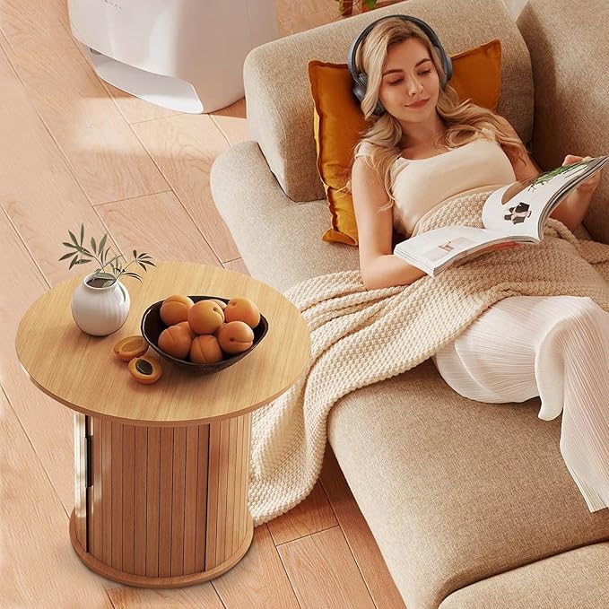 Modern Walnut End Table with Storage - Fluted Design Living Room Accent Table, Tall Bedside Nightstand & Sofa Side Table for Small Spaces, Dark Wood Finish (23.6" Wide, Natural)