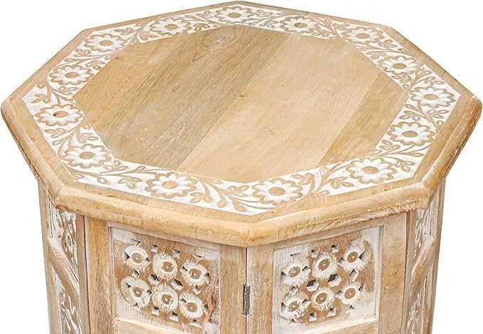The Wooden Town Side Tables– Hand Carved Vintage Boho Folding End Tables for Living Room, Entryway, Living Room, Bedroom – No Tools Assembly, 18"x18" Octagon, White wash Finish