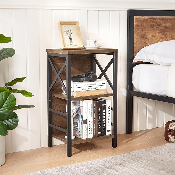 Small Bookshelf,3 Tier Industrial Bookcase with Metal Frame and Backboard,Low Rustic Brown Book Shelf,Book case for Small Spaces,Living Room,Bedroom and Home Office