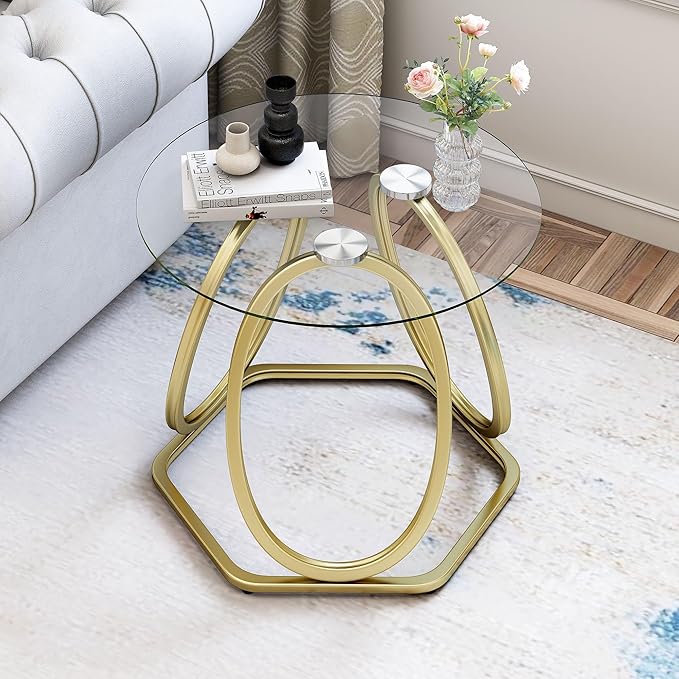 O&K FURNITURE Gold Modern Round Glass End Table with Hexagonal Base for Home & Office, 1 PC