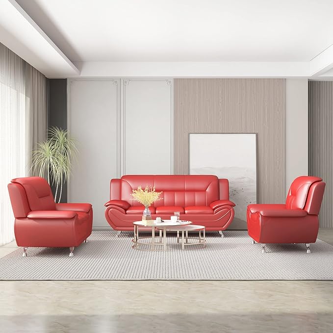 Container Furniture Direct Michael Modern Faux Leather Upholstered Stainless Steel Legs Living Room, Chair, Loveseat, Sofa, White Dove