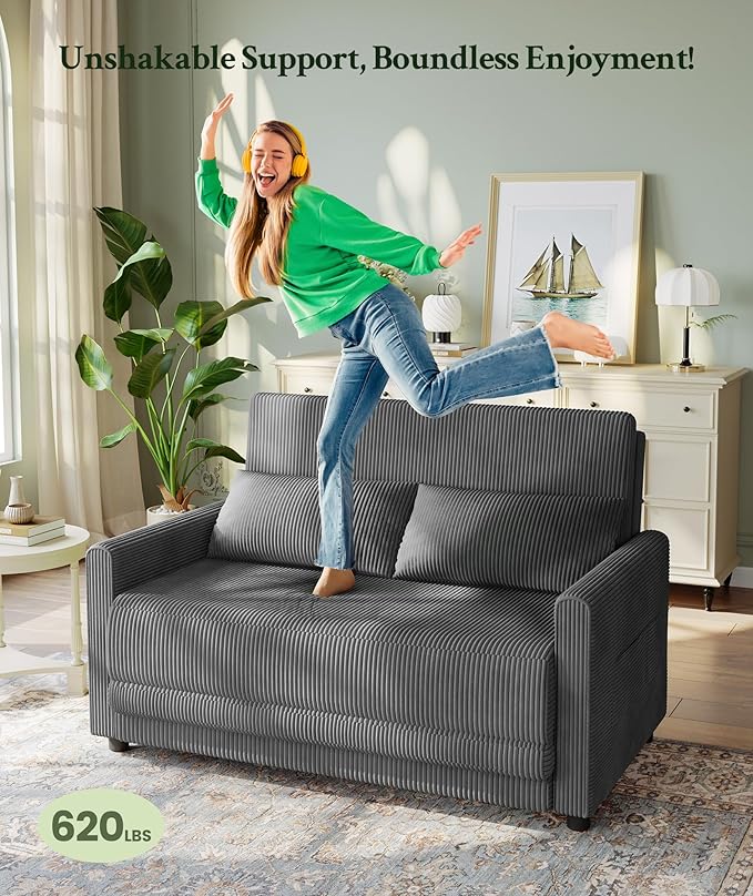53” Convertible Sofa Bed Couch, Corduroy Couch Bed, 6-Position Loveseat Sleeper Sofa, Love Seat Sleeper Bed 23.6" Extra Deep Seat, Modern Couches for Living Room/Apartment/Home/Office, Grey