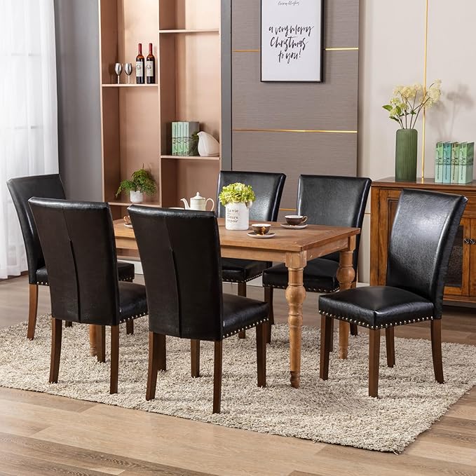 COLAMY Upholstered Parsons Dining Chairs Set of 2, PU Leather Dining Room Kitchen Side Chair with Nailhead Trim and Wood Legs - Black