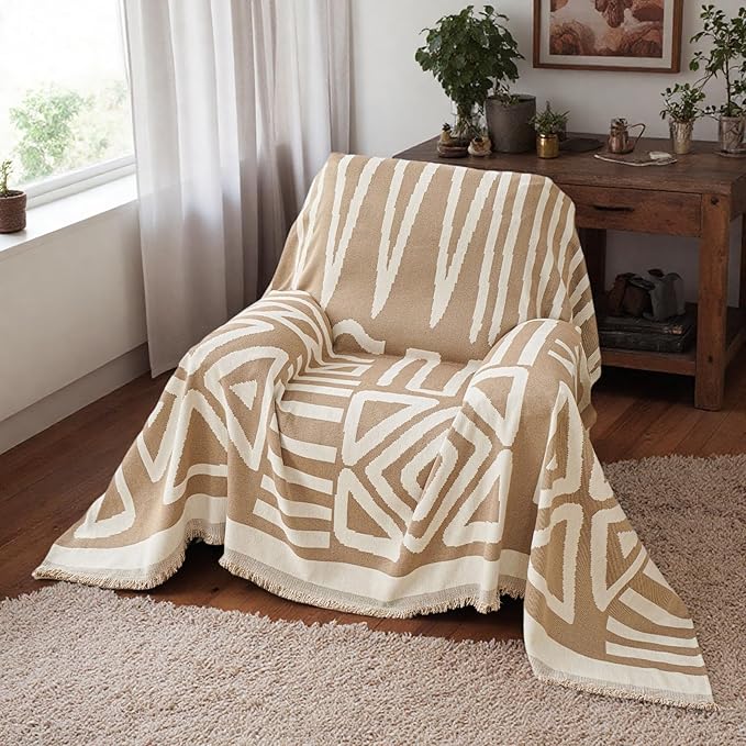 STACYPIK Durable Khaki Couch Covers for Dog Boho L Shape Armchair Slipcovers Tassels Couch Protector for 1 Cushion Couch Reversible Geometric Sofa Cover Anti Slip Multi-Use Couch Cover Blanket-71X71IN