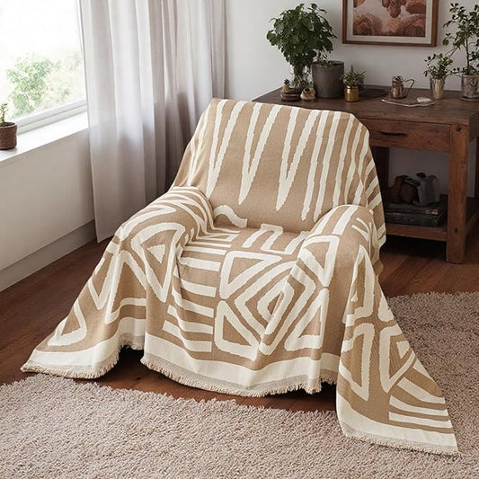 STACYPIK Durable Khaki Couch Covers for Dog Boho L Shape Armchair Slipcovers Tassels Couch Protector for 1 Cushion Couch Reversible Geometric Sofa Cover Anti Slip Multi-Use Couch Cover Blanket-71X71IN