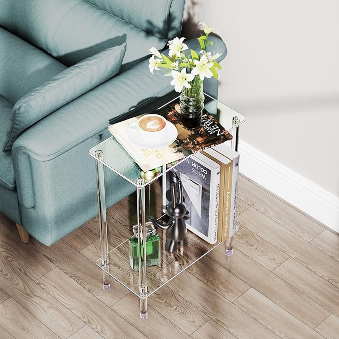 Clear Acrylic Narrow Side Table Set of 2 for Small Spaces, 15.75" L x 7.87" W x 19.82" H, 2 Tier Rectangle Slim End Table Nightstand, Small Bedside Table for Bedroom, Bathroom, Living Room