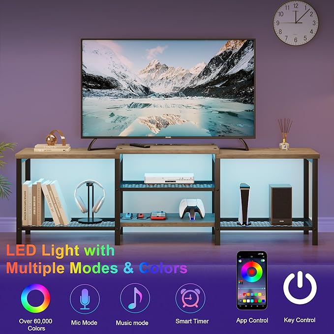 GarveeHome TV Stand with LED Lights for 55/65/75 Inch TV, 67 Inch Large Entertainment Center with Power Outlets, Media Console for Living Room, Bedroom, Grey