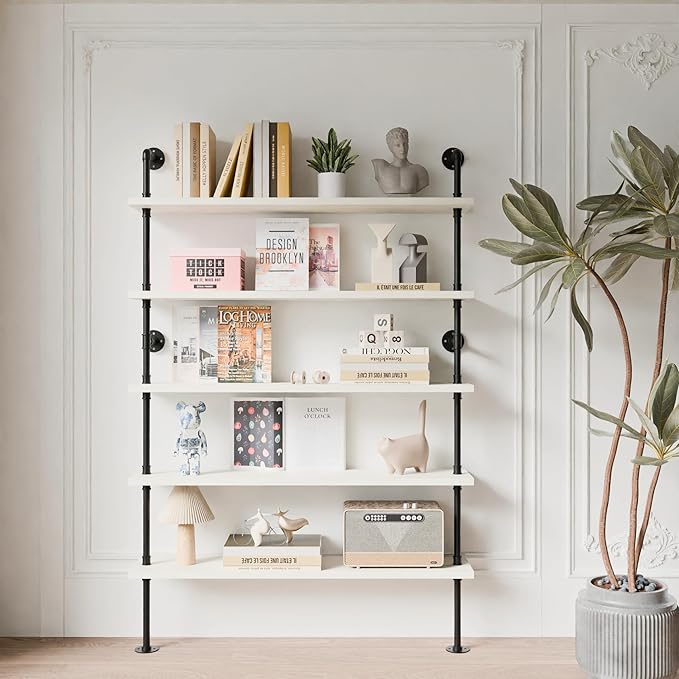 Pipe Industrial Ladder Shelves Bookcase, Wall Mounted Retro Wood Metal Pipe Rustic Bookshelf (White, 5 Tier - 10" D x 48" W x 70" H)
