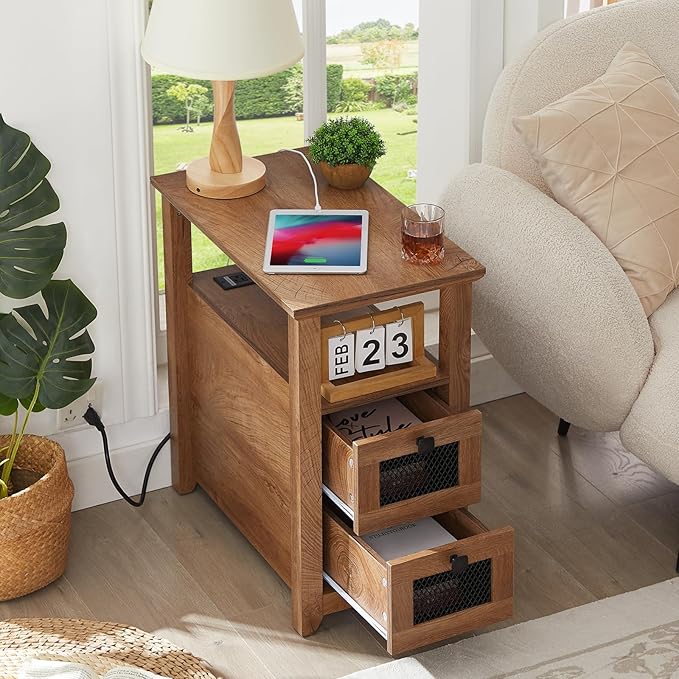 Farmhouse XXL End Table with Charging Station, Narrow Side Table with USB Ports and Outlets, Nightstand with 2 Drawers Storage, Bedside Tables for Living Room, Bedroom, Wooden Color