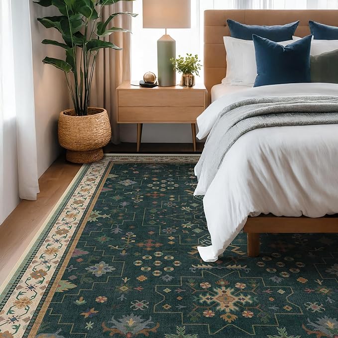 Dark Green Vintage 8x10 Washable Rugs for Living Room - Dark Academia Victorian Floral Geometric Bedroom Rug, Ultra Soft Thin Low Pile Non-Slip Large Rugs for Dining Room Under Table Lounge