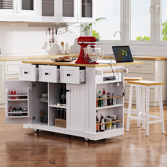 YOTPO 53" Large Kitchen Island with Drop Leaf,Power Outlet & Door Internal Storage Rack,Rolling Kitchen Cart on 5 Wheels W/ 5 Open Side Racks for Kitchen,Dining Room,White(Not Include bar stools)