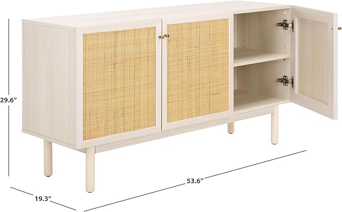 SAFAVIEH Aino TV Stand for up to 60" Flatscreen – Bleached White with Natural Rattan Mesh, 3 Doors with Interior Storage, Sideboard Cabinet, Entertainment Media Console (MED9618C)