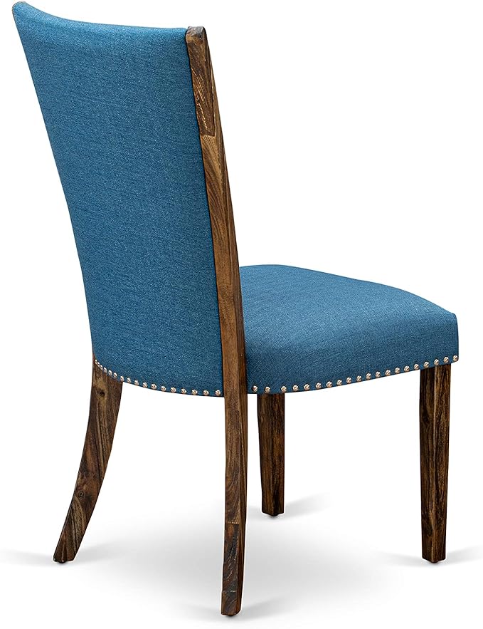 East West Furniture VEP7T21 Verona Parson Kitchen Chairs - Nailhead Trim Blue Color Linen Fabric Upholstered Dining Chairs, Set of 2, Jacobean