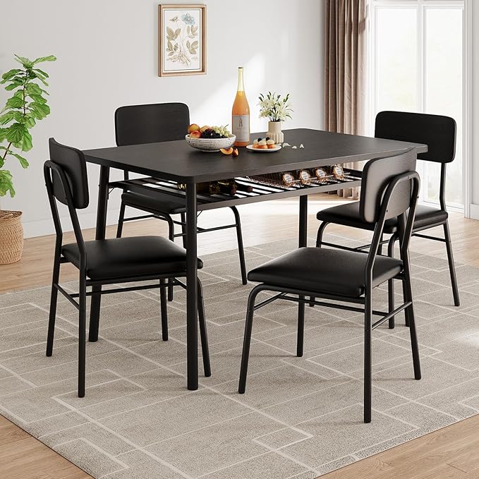 GAOMON 5-Piece Dining Table Set for 4, Wood Kitchen with Built-in Storage Rack,Small Kitchen Table with Upholstered Chairs and Metal Frame for Small Spaces, Black