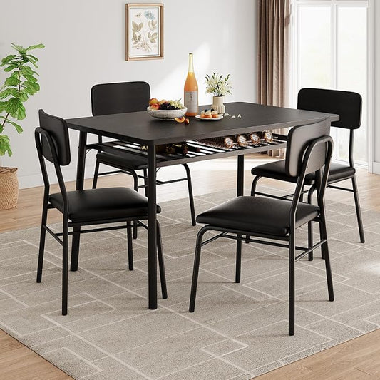 GarveeHome Dining Table Set for 4 with Storage Rack, 5-Piece Kitchen Table and Upholstered Chairs of 4, Wood Tabletop & Heavy-Duty Metel Frame, Dining Room Set for Small Space, Apartment, Black